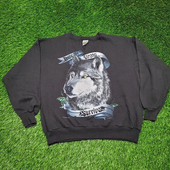 Vintage 90s "Only The Strong Survive" Wolf Sweatshirt Mens XL Baggy Boxy Fit - Picture 1 of 14